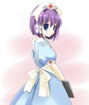  blue_eyes clannad clipboard fujibayashi_ryou haruno_(macoro) looking_back nurse purple_hair short_hair solo 