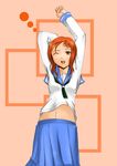  aona_(kuuga19yuu) bad_id bad_pixiv_id blue_skirt brown_eyes cowboy_shot kiyosumi_school_uniform midriff navel one_eye_closed open_mouth orange_hair pleated_skirt red_eyes red_hair saki school_uniform serafuku skirt solo standing stretch takei_hisa yawning 