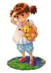  brown_eyes brown_hair child gen_1_pokemon mitsuru pikachu pokemon pokemon_(creature) solo stuffed_animal stuffed_toy toy twintails 