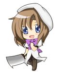  bad_id bad_pixiv_id blue_eyes blush boots bow brown_hair chibi dress hat hatchet higurashi_no_naku_koro_ni kurohimemm nose_hatchet ryuuguu_rena short_hair smile solo thighhighs 