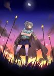  bad_id bad_pixiv_id belt blonde_hair blue_eyes boots cape crossed_arms frills from_below from_ground grass knee_boots lamppost long_hair miniskirt moon night night_sky original outdoors pleated_skirt ponytail skirt sky solo standing star_(sky) starry_sky sunset thighhighs yuugen zettai_ryouiki 