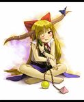  ;q alcohol bad_id bad_pixiv_id barefoot blonde_hair blush bottle bow chain drunk face feet hair_bow horn_ribbon horns ibuki_suika indian_style kurione_(zassou) letterboxed object_hug one_eye_closed red_eyes ribbon sake sake_bottle shirt sitting solo tongue tongue_out touhou white_shirt 