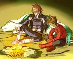  boots brown_hair closed_eyes dog fire jacket knee_boots kratos_aurion lloyd_irving male_focus multiple_boys noishe red_eyes red_hair red_shirt shimabara shirt sleeping sword tales_of_(series) tales_of_symphonia weapon 