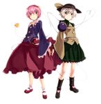  back-to-back blush bob_cut boots dress green_eyes hair_ornament hairband hat heart kirisato_itsuki komeiji_koishi komeiji_satori multiple_girls pink_hair red_eyes shoes short_hair siblings sidelocks silver_hair simple_background sisters skirt socks standing symmetrical_hand_pose touhou 