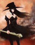  bad_id bad_pixiv_id bare_shoulders black_dress black_hair copyright_request detached_sleeves dress hat naga_hana pantyhose panzerfaust red_eyes smoke solo wind witch_hat 