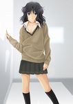  amagami black_hair blue_eyes collarbone face kibito_high_school_uniform kishida-shiki kneehighs long_sleeves messy_hair miniskirt pleated_skirt school_uniform short_hair skirt sleeves_past_wrists smile socks solo standing sweater tanamachi_kaoru 