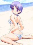  ass bad_id bad_pixiv_id barefoot beach bikini cloud day katatsuka_kouji looking_back outdoors purple_eyes purple_hair short_hair sitting solo striped striped_bikini swimsuit tachibana_chihiro tsuki_wa_higashi_ni_hi_wa_nishi_ni wariza 