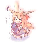  :d blush blush_stickers chibi closed_eyes fang gourd hair_ribbon happy hiraga_matsuri horn_ribbon horns ibuki_suika laughing oni open_mouth orange_hair out_of_frame petting ribbon smile solo_focus sweatdrop touhou 