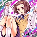  brown_eyes brown_hair hair_ornament hairband hirusawa_hiro k-on! laughing miniskirt musical_note open_mouth pleated_skirt ribbon school_uniform short_hair skirt smile socks solo sweater sweater_vest tainaka_ritsu tomboy vest white_legwear 