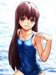  bad_id bad_pixiv_id brown_hair flat_chest long_hair nyamota one-piece_swimsuit original red_eyes school_swimsuit solo swimsuit water 