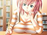  :o aqua_eyes breast_rest breasts cafe_junkie cleavage game_cg huge_breasts jewelry key mechanical_pencil minami_kurumi necklace pencil pink_hair short_twintails solo striped tatsunami_youtoku twintails 