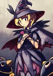  bird blonde_hair blue_eyes blush cape deathsmiles earrings feathers flower hat highres hirosato jewelry penguin rose sakura_(deathsmiles) short_hair skull solo spider_web_print torn_clothes witch witch_hat 