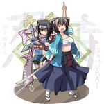  animal_ears bad_id bad_pixiv_id black_hair blue_hakama blush breasts brown_hair cat_ears fang fishnets geta hakama haori headband japanese_clothes large_breasts midriff multiple_girls navel ninja original pointing samurai sarashi shinsengumi short_hair sword tabi weapon yace yellow_eyes 