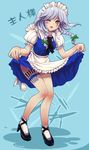  apron blue_eyes braid dress dress_lift hair_ornament hair_ribbon hairband high_heels izayoi_sakuya knife laughing legs long_hair maid one_eye_closed ribbon shoes silver_hair smile solo standing thigh_strap touhou twin_braids weapon_in_garters yu_li 