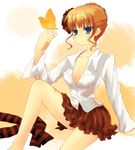  bad_id bad_pixiv_id beatrice blonde_hair blue_eyes breasts bug butterfly cleavage dress_shirt frills frown hair_ornament insect long_hair medium_breasts miniskirt multicolored_hair open_clothes open_shirt orange_hair pleated_skirt shirt sitting skirt socks solo striped striped_legwear thighhighs two-tone_hair umineko_no_naku_koro_ni yuzuki_(yuduame) 