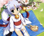  animal_ears bag bell blue_hair blurry cat cherry_blossoms child depth_of_field flower from_above green_eyes grocery_bag highres japanese_clothes muririn petals rindou_ruri shopping_bag short_hair sitting solo tail tenshinranman 