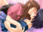  ayase black_hair blush brown_hair closed_eyes couch kiss long_hair multiple_girls original yuri 