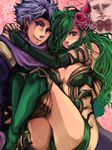  1girl 9wa bad_id bad_pixiv_id boots breasts bridal_gauntlets carrying cleavage couple detached_sleeves edward_geraldine final_fantasy final_fantasy_iv final_fantasy_iv_the_after green_eyes green_footwear green_hair hair_ornament hair_over_one_eye hetero hug large_breasts long_hair older princess_carry rydia scar thighs whyt 