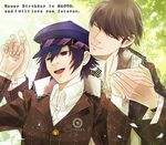  1girl androgynous bad_id bad_pixiv_id birthday blue_eyes blue_hair cabbie_hat closed_eyes couple grey_hair happy hat hetero holding_hands kazuki_(kazu-king) narukami_yuu persona persona_4 reverse_trap school_uniform shirogane_naoto short_hair smile 