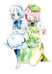  blue_eyes blush braid china_dress chinese_clothes closed_eyes colorful dress hairband hat highres hong_meiling izayoi_sakuya legomaru long_hair maid multiple_girls pantyhose red_hair ribbon short_hair silver_hair touhou traditional_media twin_braids watercolor_(medium) younger 