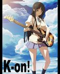  akiyama_mio bangs bass_guitar black_eyes black_hair black_legwear blunt_bangs cloud day hime_cut instrument k-on! long_hair miniskirt nekomamire pleated_skirt school_uniform sidelocks skirt sky smile socks solo standing sweater sweater_vest vest 