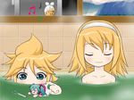  2girls :&lt; :d ahoge animated animated_gif aqua_eyes bath bathing blonde_hair blush chibi dancing duplicate hachune_miku hairband happy headphones innertube kagamine_len kagamine_rin lowres mameshiba minigirl mixed_bathing multiple_girls music musical_note o_o open_mouth short_hair siblings singing smile spring_onion toy twins vocaloid 