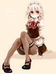  azuma_aya blush braid brown_eyes hair_ribbon izayoi_sakuya leg_garter legs maid maid_headdress mary_janes pantyhose red_eyes ribbon shoes short_hair silver_hair sitting solo touhou twin_braids 