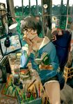  animal_ears black_hair book chair copyright_request desk eraser glasses headphones hood hoodie lamp office_chair pencil reading short_hair shorts solo toi8 window 