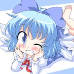  barefoot blue_eyes blue_hair blush bow cirno fang geetsu grin hair_bow lying oekaki on_stomach one_eye_closed smile solo touhou 