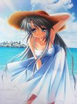  armpits beach blue_eyes blush bra breasts clannad day dress hanging_breasts hat hinoue_itaru jpeg_artifacts large_breasts leaning_forward long_hair outdoors sakagami_tomoyo see-through silver_hair solo straw_hat sundress underwear 