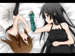  akiyama_mio aoinagi asymmetrical_clothes bare_shoulders bed black_hair brown_eyes don't_say_&quot;lazy&quot; dress gloves hirasawa_yui k-on! long_hair lying multiple_girls on_back single_glove striped striped_gloves 