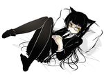  animal_ears black_hair cat_ears feet female_protagonist_(houkago_play) glasses houkago_play long_hair necktie pantyhose school_uniform shima_tokio solo very_long_hair yellow_eyes 