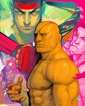  buddha chad_walker commentary eyepatch fingerless_gloves gloves headband hibiki_dan male_focus multiple_boys muscle no_pupils ryuu_(street_fighter) sagat shirtless statue street_fighter stretched_earlobes thailand 