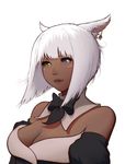  absurdres animal_ears bare_shoulders blue_eyes blush breasts cat_ears dark_skin detached_collar detached_sleeves face facial_mark final_fantasy final_fantasy_xiv green_eyes heterochromia highres hy136 jewelry lips medium_breasts miqo'te short_hair simple_background single_earring solo upper_body white_background 