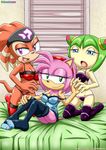  amy_rose anthro bbmbbf blue_eyes breasts clothing cosmo_the_seedrian echidna female green_eyes green_hair hair hedgehog looking_at_viewer mammal mobius_unleashed nipples open_mouth sega shade_the_echidna smile sonic_(series) 