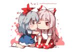  blue_hair blush bow brown_eyes chibi fujiwara_no_mokou grey_hair hair_bow hairband kamishirasawa_keine kiss kneeling long_hair multiple_girls one_eye_closed red_eyes shuzi touhou 