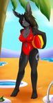  anthro barefoot beach beach_ball big_breasts black_fur black_hair black_nose breasts cleavage clothed clothing dark_fur female fur grin hair lagomorph las_lindas long_hair looking_at_viewer mammal mleonheart navel one-piece_swimsuit palm_tree purple_eyes rabbit sand seaside smile solo standing swimsuit tattoo thick_thighs thighs tree 