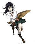  black_hair black_legwear clothes_around_waist coppelion full_body gloves green_skirt grey_eyes gun handgun holster jacket_around_waist kneehighs loafers long_hair luger_p08 miniskirt naruse_ibara necktie pale_skin penki plaid plaid_skirt pleated_skirt running school_uniform shirt shoes simple_background skirt sleeves_rolled_up solo striped striped_neckwear thigh_holster weapon white_background white_shirt 