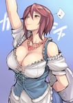  apron arm_behind_back arm_up bare_shoulders blush breasts brown_eyes brown_hair cleavage corset dirndl eighth_note flower flower_necklace german_clothes hair_between_eyes jewelry large_breasts musical_note necklace oktoberfest older reaching rozen_maiden short_hair smile solo souseiseki speech_bubble spoken_musical_note tray tsuda_nanafushi underbust waitress 