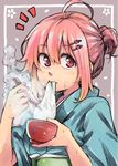  ahoge alternate_hairstyle anarogumaaa bowl chopsticks eating hair_ornament hairclip holding mouth_hold pink_eyes pink_hair ponytail saigyouji_yuyuko short_hair short_ponytail sideways_glance solo steam sweat touhou 