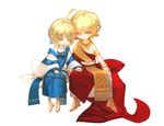  1girl :&gt; :&lt; ahoge artoria_pendragon_(all) bad_id bad_pixiv_id blonde_hair bracelet chibi dress earrings fate/stay_night fate/zero fate_(series) full_body gilgamesh green_eyes highres jewelry lilin99jh necklace red_eyes saber sandals toga 