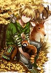  animal backpack bag blonde_hair deer fox.cc free! grass hazuki_nagisa hood hoodie male_focus pink_eyes red_panda sitting smile squirrel tree 