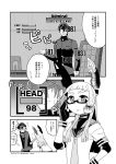  1boy 1girl adjusting_eyewear admiral_(kantai_collection) bespectacled blush chair commentary_request covering covering_crotch faceless faceless_male fallout glasses gloves hands_on_hips hat highres izumi_masashi kantai_collection long_hair military military_hat military_uniform monochrome murakumo_(kantai_collection) parody solo table translation_request uniform 