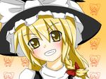  blonde_hair blush chibi fukkireta grin hat kirisame_marisa long_hair meme ribbon ritateo shanghai_doll smile solid_circle_eyes touhou yellow_background yellow_eyes 