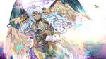  archangel_metatron_(p&amp;d) bare_shoulders blue_eyes book breasts cleavage dark_angel_metatron_(p&amp;d) dark_skin fountain_pen halo headband heco_(mama) highres long_hair looking_at_viewer medium_breasts pen puzzle_&amp;_dragons silver_hair solo wings 