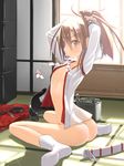  adjusting_hair ass bottomless brown_eyes brown_hair collarbone flat_chest highres kantai_collection long_sleeves looking_at_viewer mouth_hold naked_shirt open_clothes open_shirt patricia_(stylish_marunage) ponytail ribbon ribbon_in_mouth shirt sitting solo tatami tying_hair wariza window zuihou_(kantai_collection) 