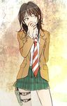  apple arms_behind_back black_hair blazer coppelion covering_mouth food fruit green_skirt holster jacket long_hair looking_away miniskirt naruse_ibara necktie penki plaid plaid_skirt pleated_skirt school_uniform skirt solo striped striped_neckwear thigh_holster yellow_eyes 