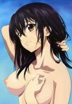  1girl absurdres adjusting_hair areolae arm_up black_hair blush breasts brown_eyes female hand_on_own_chest highres himeragi_yukina large_breasts long_hair looking_at_viewer megami naked nipples nude nude_filter photoshop possible_duplicate puffy_nipples sano_keiichi smile solo strike_the_blood 