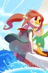  1boy 1girl ass bangs bird blonde_hair blush blush_stickers boat bottomless brown_hair butt duo female huge_ass human link male mammal medli no_panties noill pointy_ears ponytail red_eyes rito sea seated smile the_legend_of_zelda the_legend_of_zelda:_the_wind_waker upskirt video_games water 