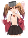  blush brown_eyes brown_hair flat_chest heart heart-shaped_pupils kantai_collection long_hair looking_at_viewer magatama nipples okina_ika open_clothes open_mouth open_shirt ryuujou_(kantai_collection) shirt skirt solo suspenders symbol-shaped_pupils tears translated twintails visor_cap 